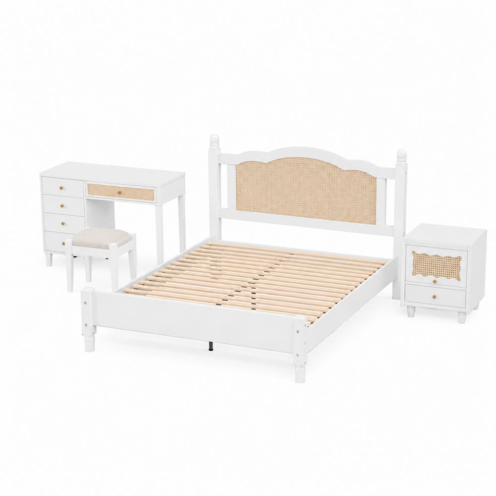 Set camera da letto in legno e rattan con comodino e scrivania
