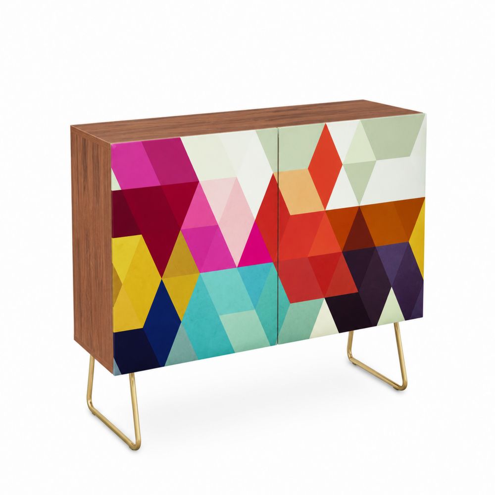 Credenza in legno con motivo geometrico e gambe in metallo