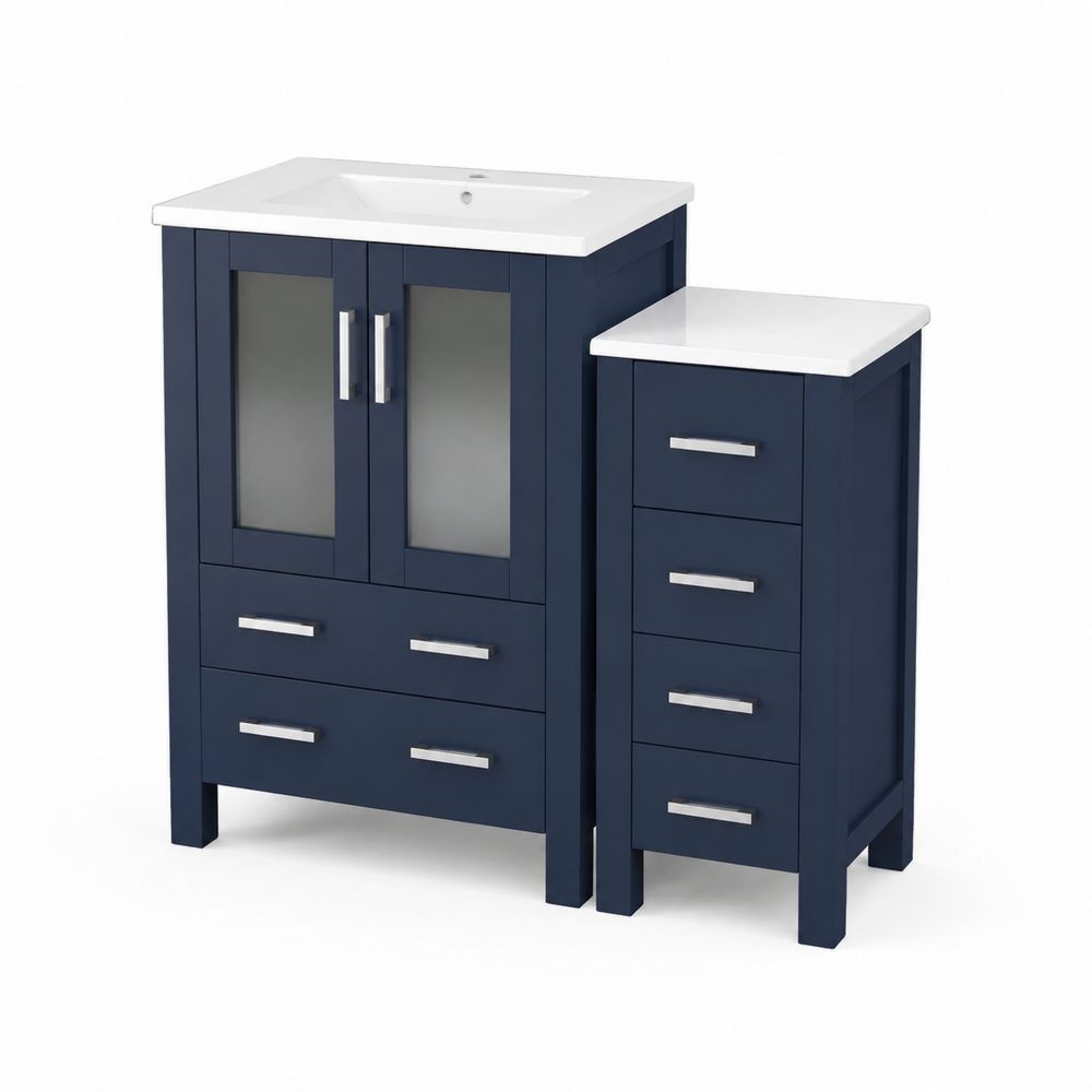 Mobile sottolavabo in legno con lavabo in ceramica e pensile a 4 cassetti