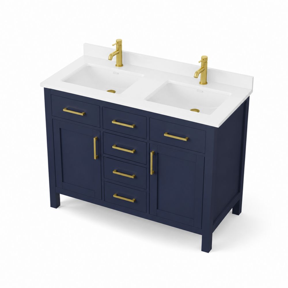 Mobile bagno doppio blu con maniglie dorate e piano in ceramica bianca
