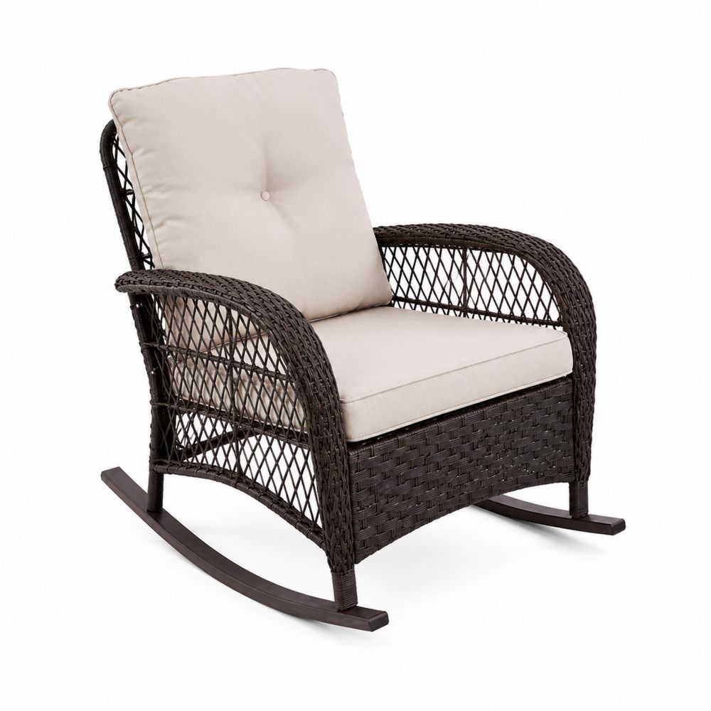 Sedia a dondolo in rattan e acciaio con cuscini beige