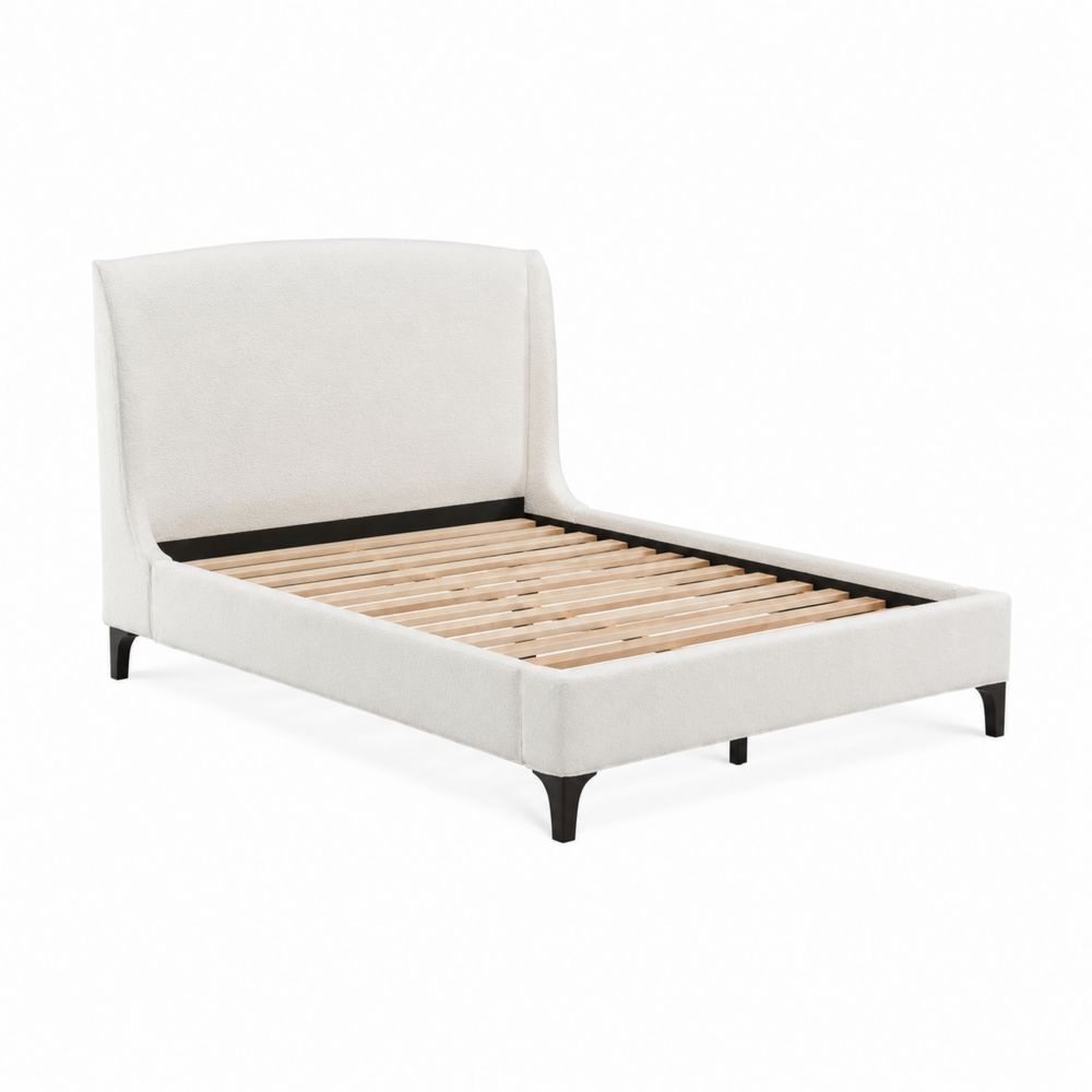 Letto imbottito con testiera curva in tessuto crema 200x160 cm