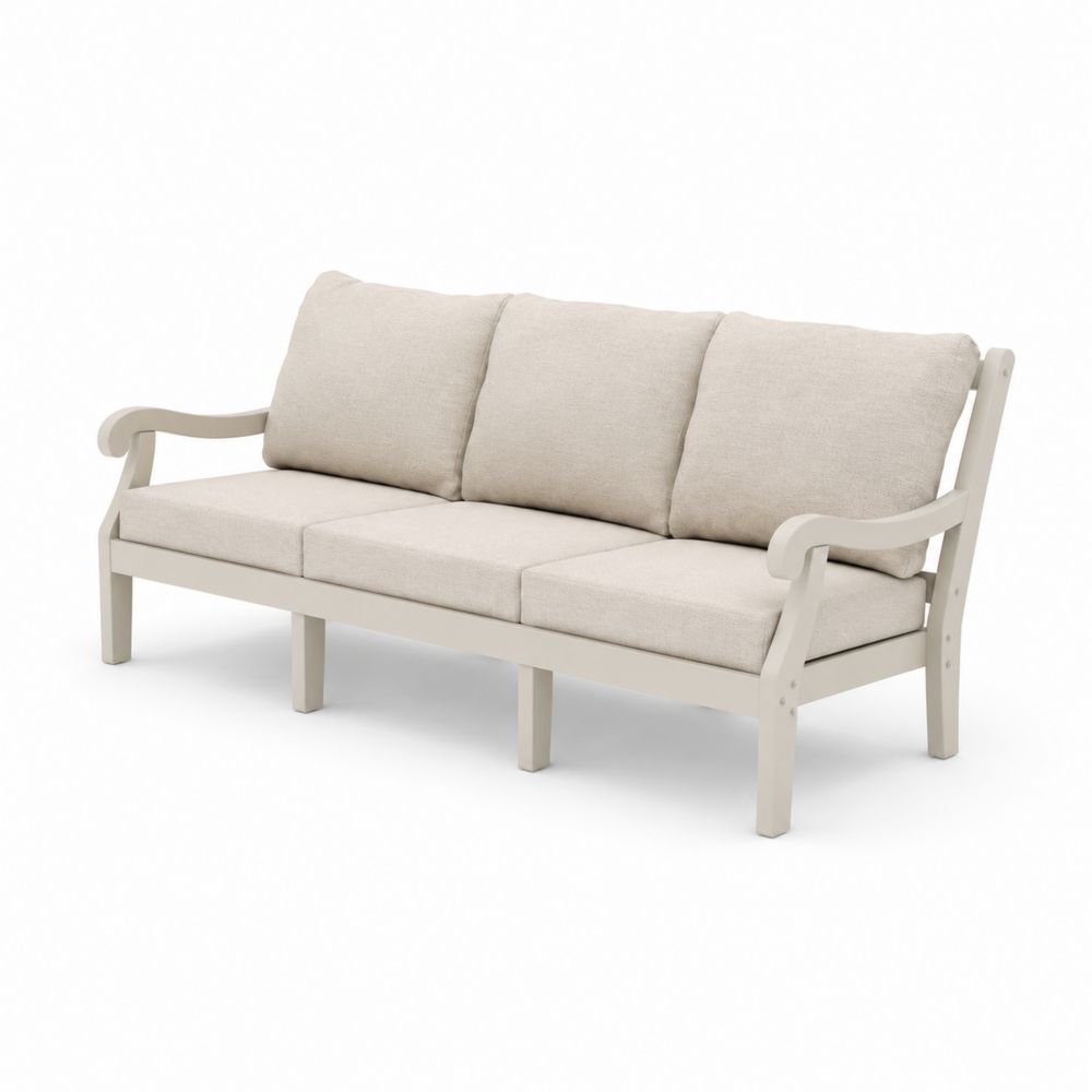 Divano a Tre Posti in Legno con Cuscini Beige