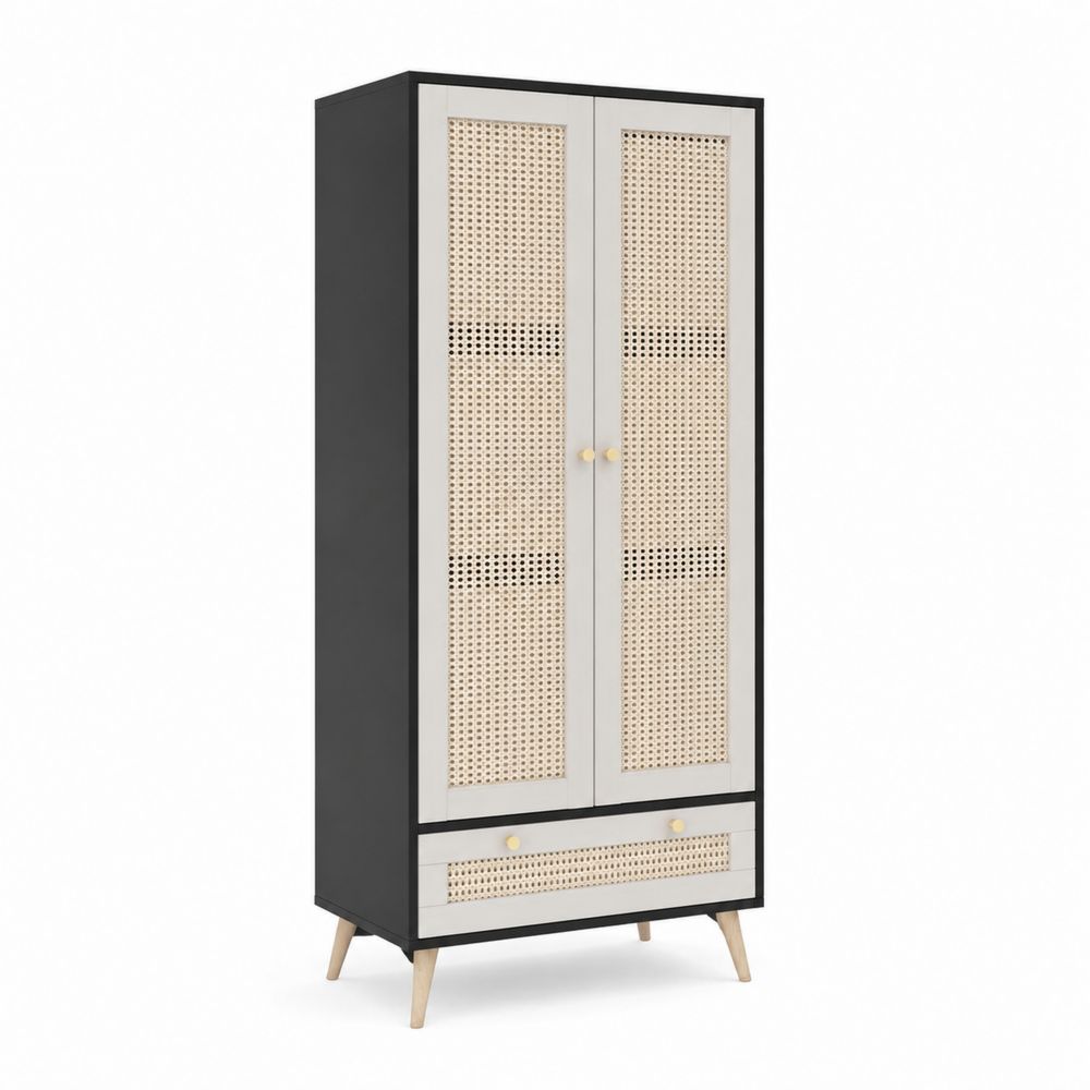 Armadio con Ante in Rattan Naturale e Cassetto, 180x80x45 cm