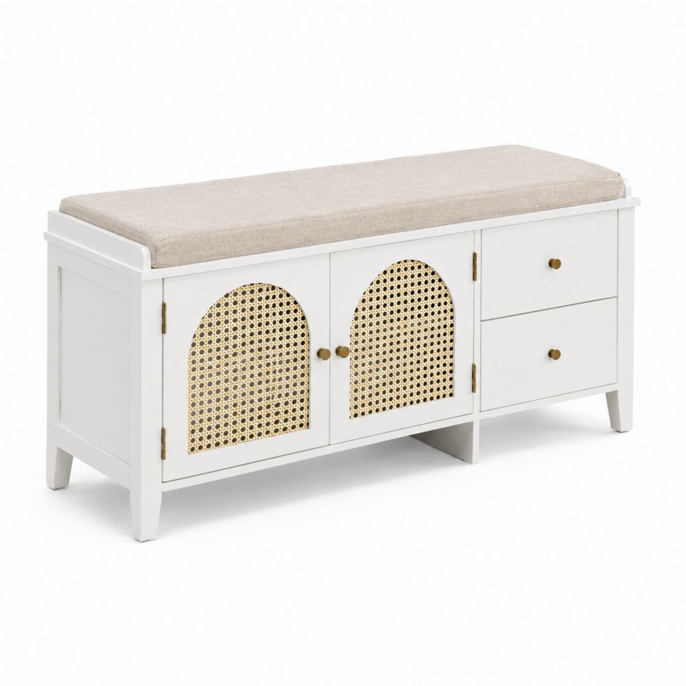 Panca contenitore in legno MDF bianco con cuscino in poliestere e sportelli in rattan