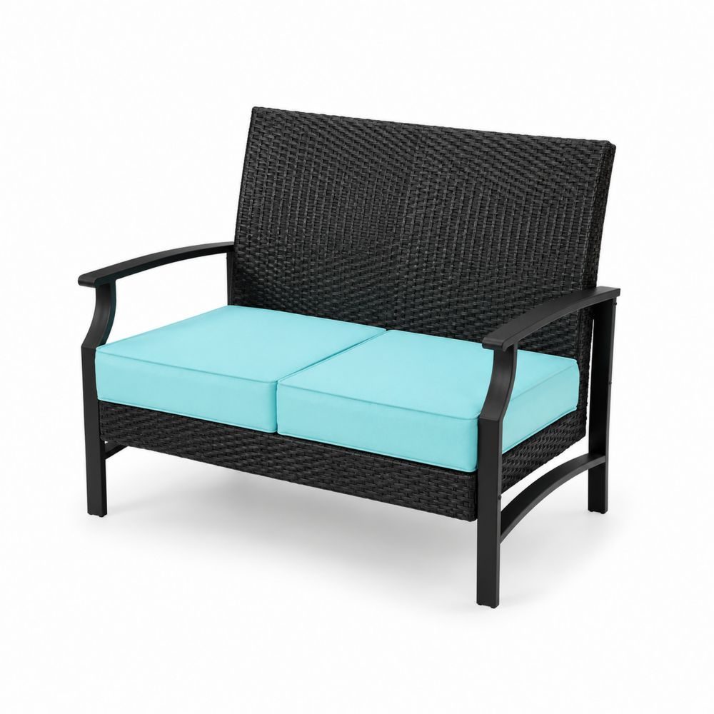 Divano in Rattan Intrecciato 2 Posti con Cuscini Azzurri