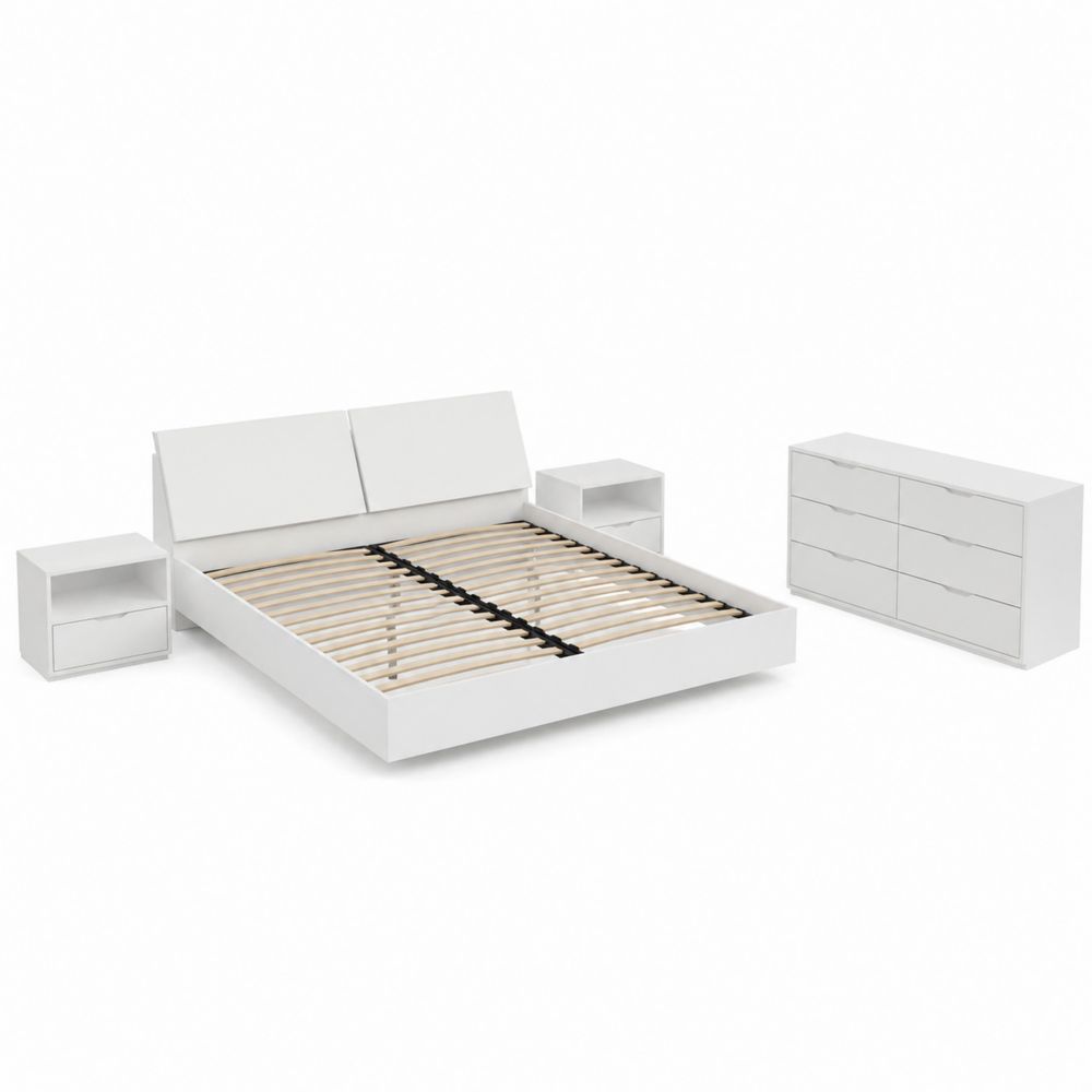 Set da camera da letto in legno, letto matrimoniale con testiera, comodini e cassettiera, Bianco