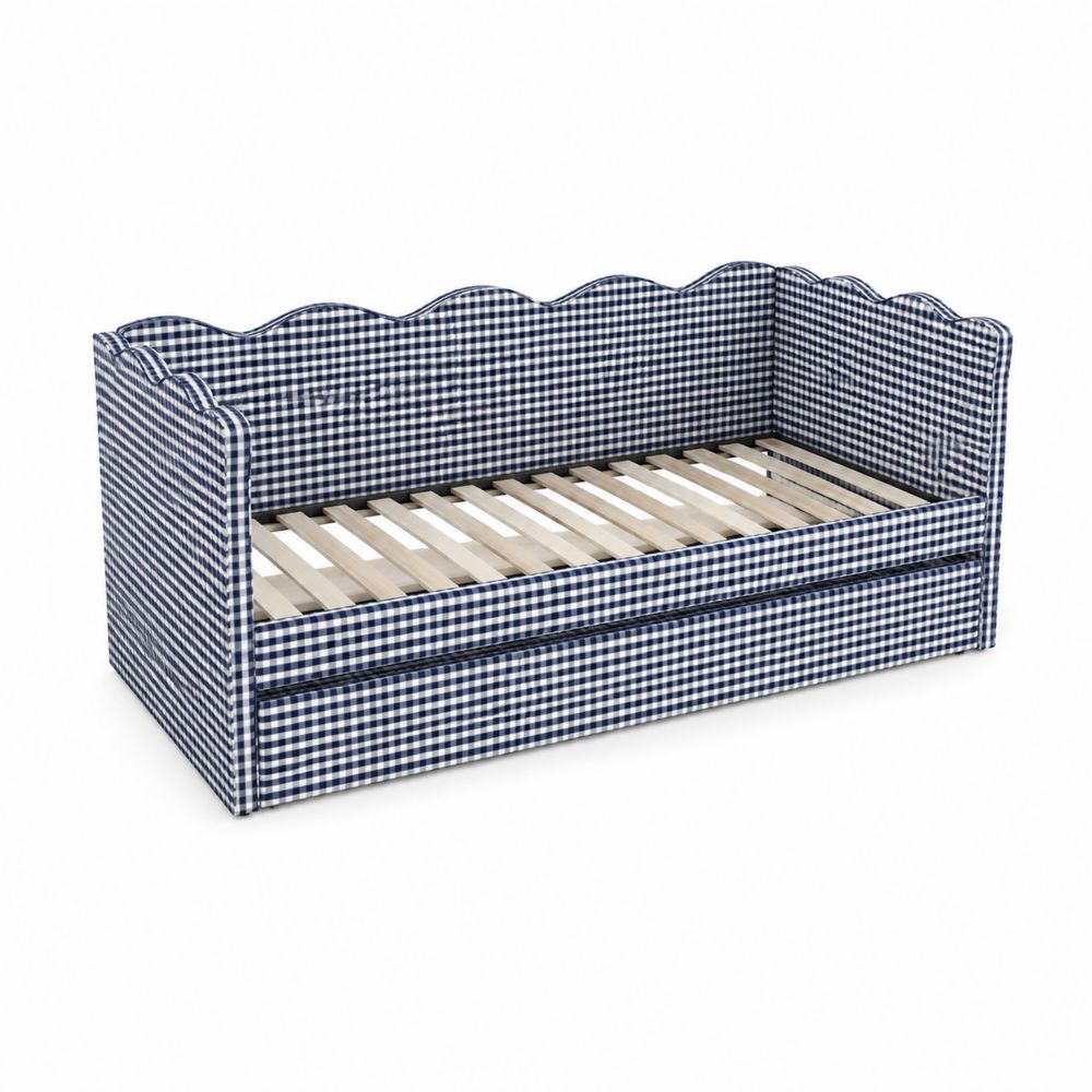 Letto a Giorno in Legno e Tessuto a Quadri Blu e Bianchi 200x90 cm