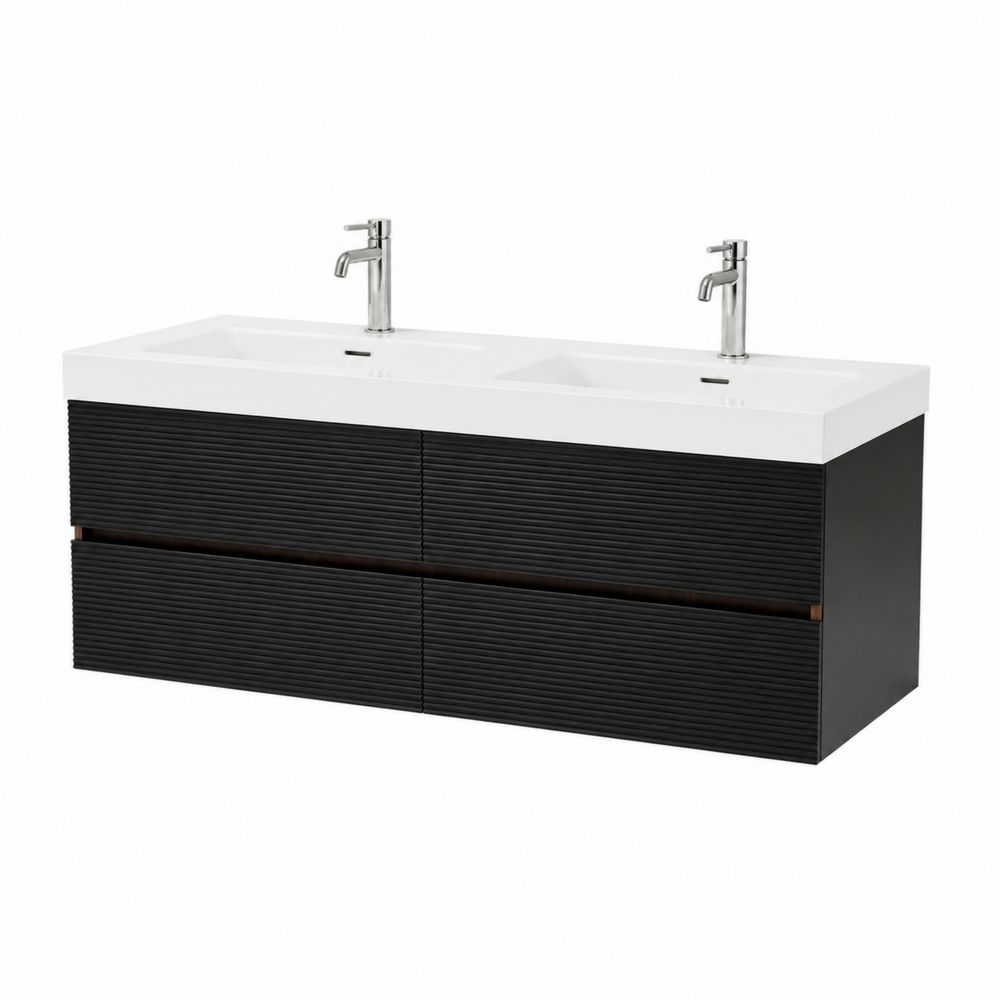 Mobile lavabo doppio a parete in legno nero con lavabo in ceramica
