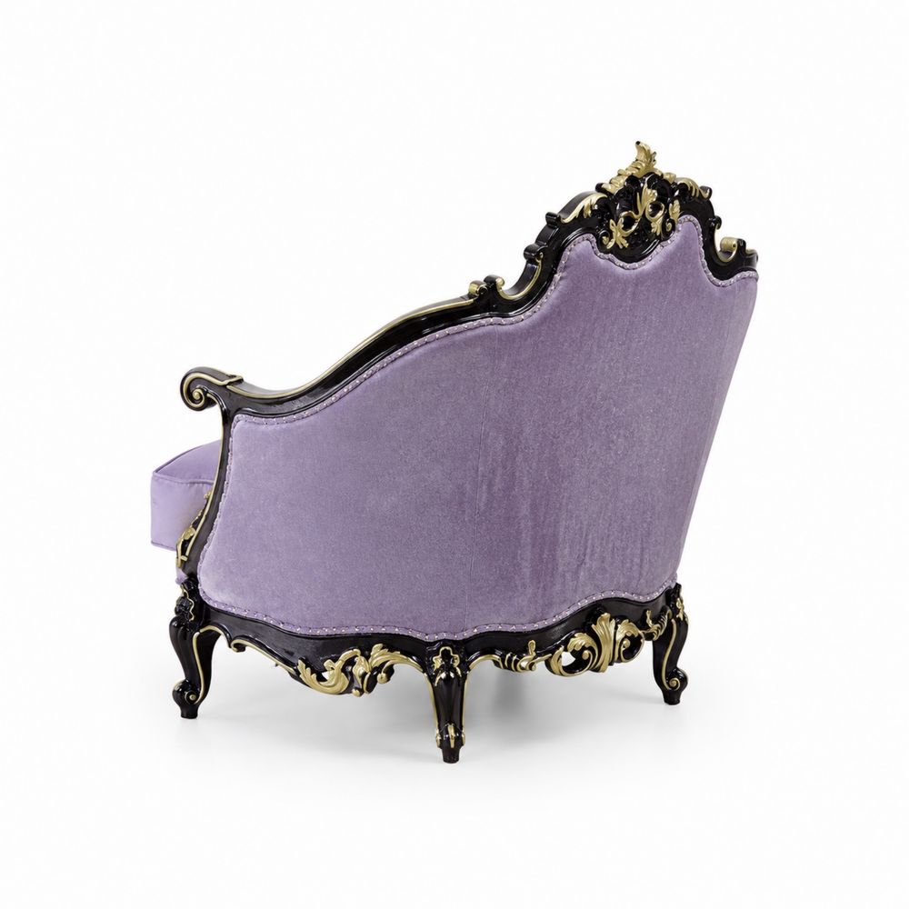 Sedia in Velluto Viola con Struttura in Legno Intagliata