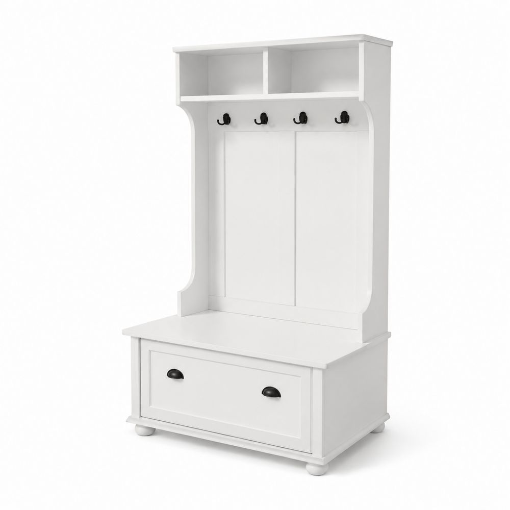 Appendiabiti in Legno MDF Bianco con Cassetto e Ganci