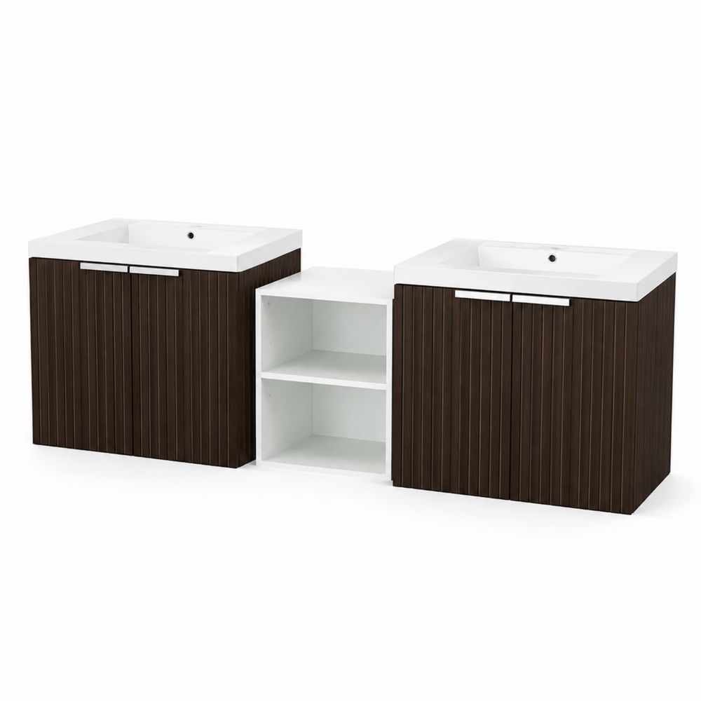 Mobile lavabo doppio in MDF e ceramica, marrone e bianco