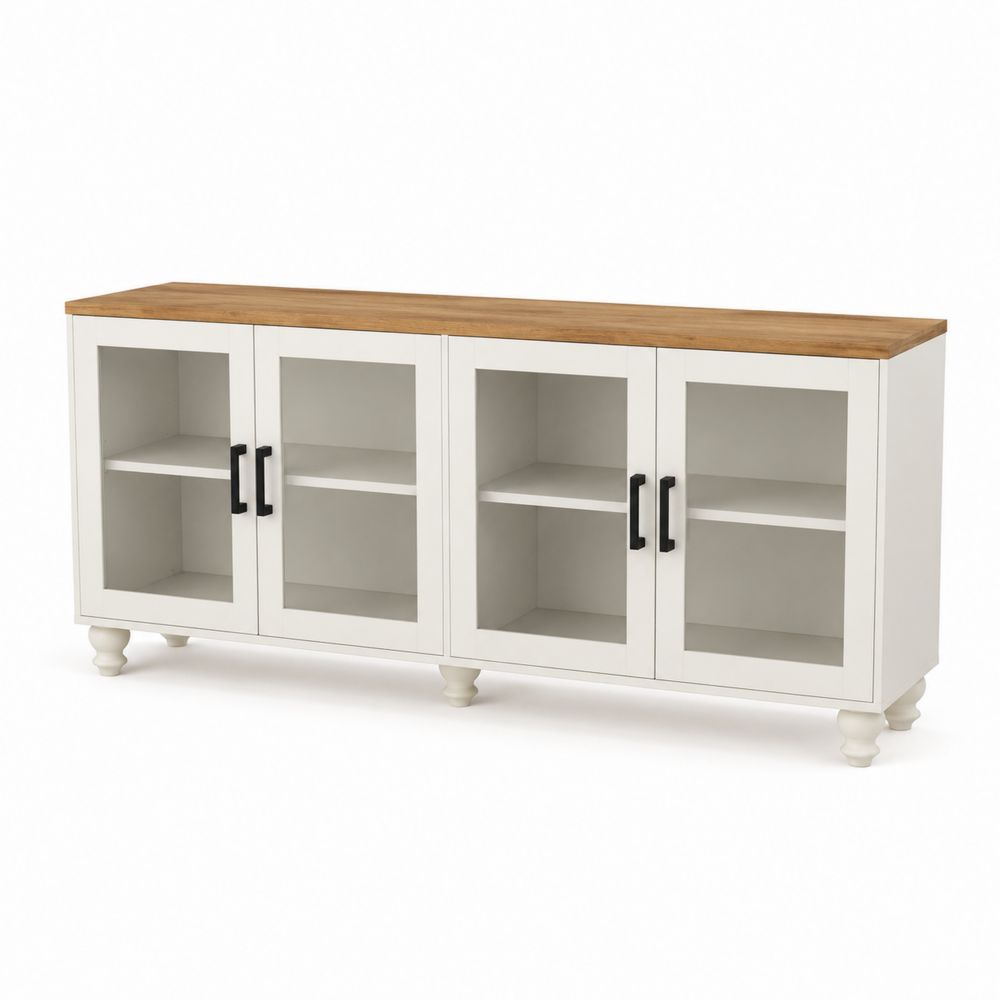 Credenza in legno bianco con piano in rovere e ante in vetro temperato
