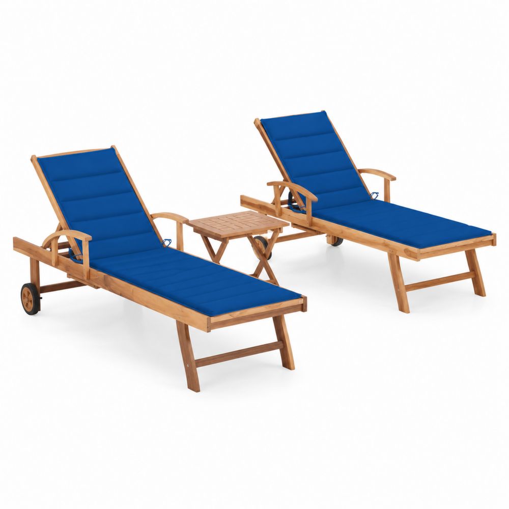Set di Lettini Prendisole in Acacia con Cuscini Blu