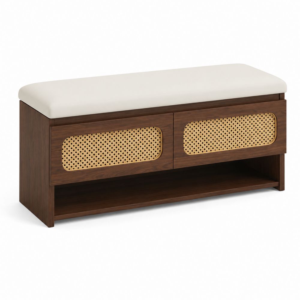 Panca Scarpiera in Legno e Rattan con Cuscino in Cotone 100x40x45cm
