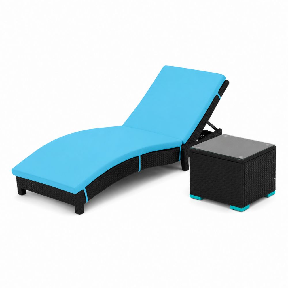 Set Lettino Prendisole Rattan Sintetico Nero con Cuscini Blu e Tavolino