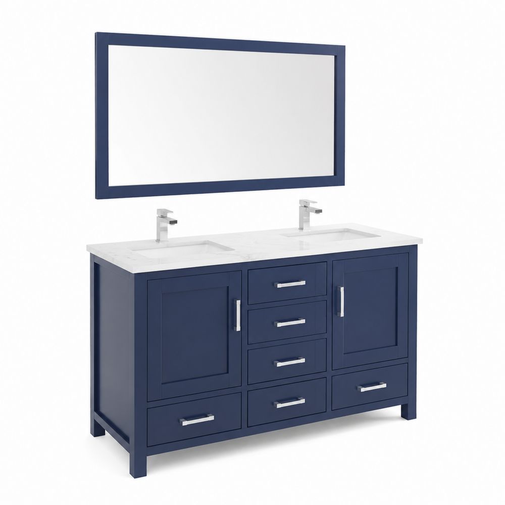 Mobile bagno doppio lavabo in legno con piano in marmo e specchio blu