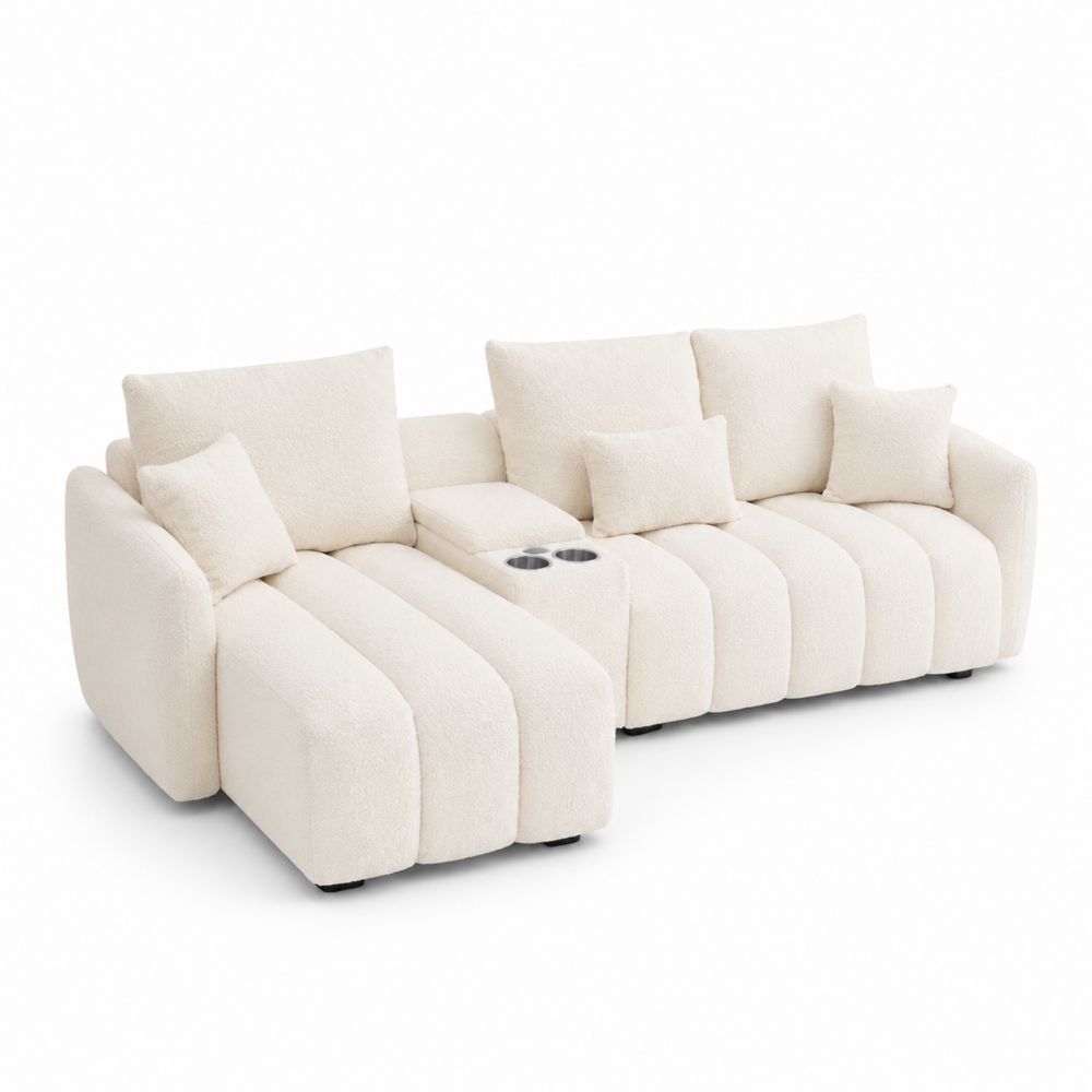 Divano angolare in tessuto bouclé con chaise longue e porta bicchieri