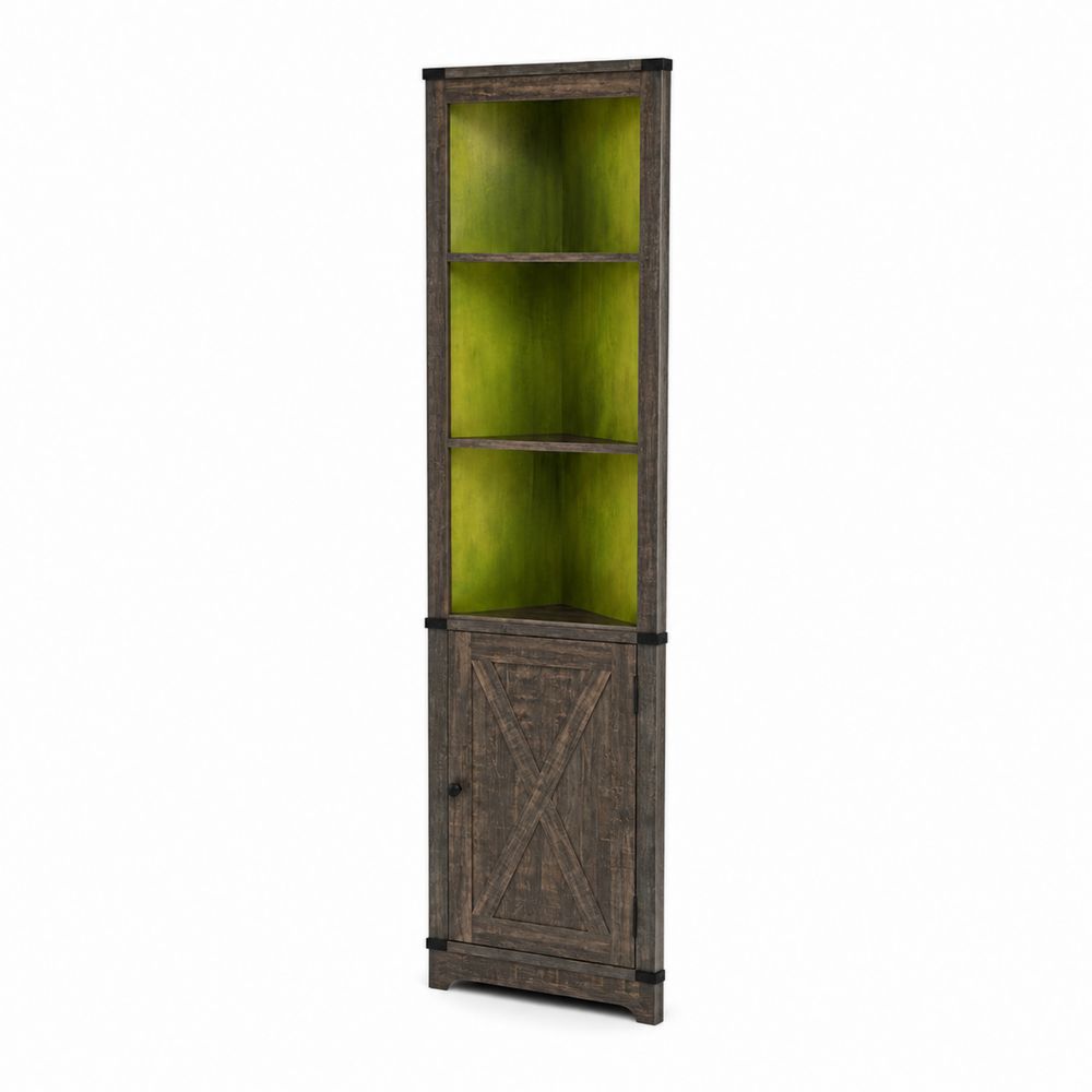 Libreria angolare in legno MDF con anta e ripiani marrone/verde