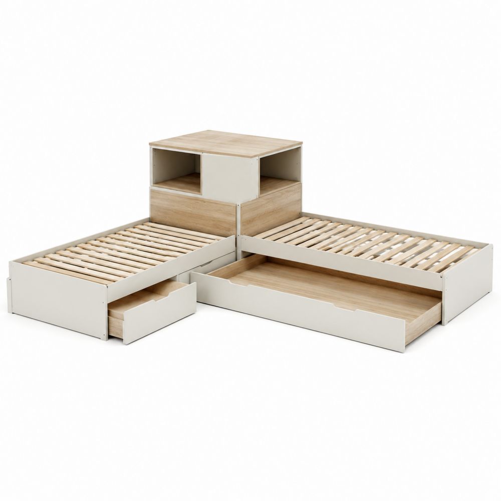 Letto in Legno Multistrato con Cassetti e Libreria 190x90 cm Bianco/Naturale