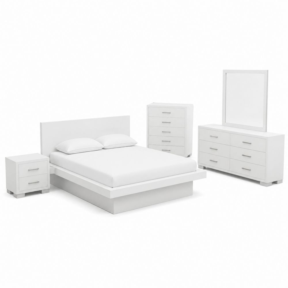 Set camera da letto matrimoniale in legno bianco con comodini e cassettiere