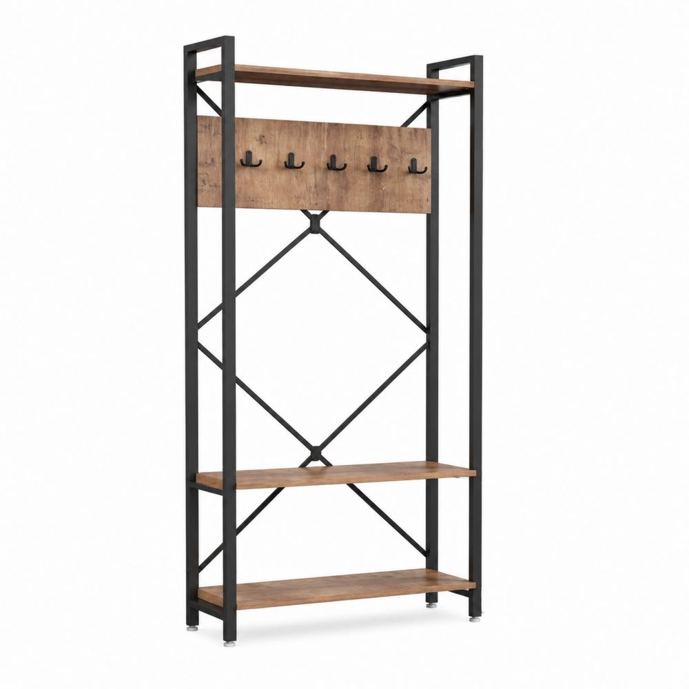 Appendiabiti in Legno e Metallo Nero con Mensole 180x80x35 cm