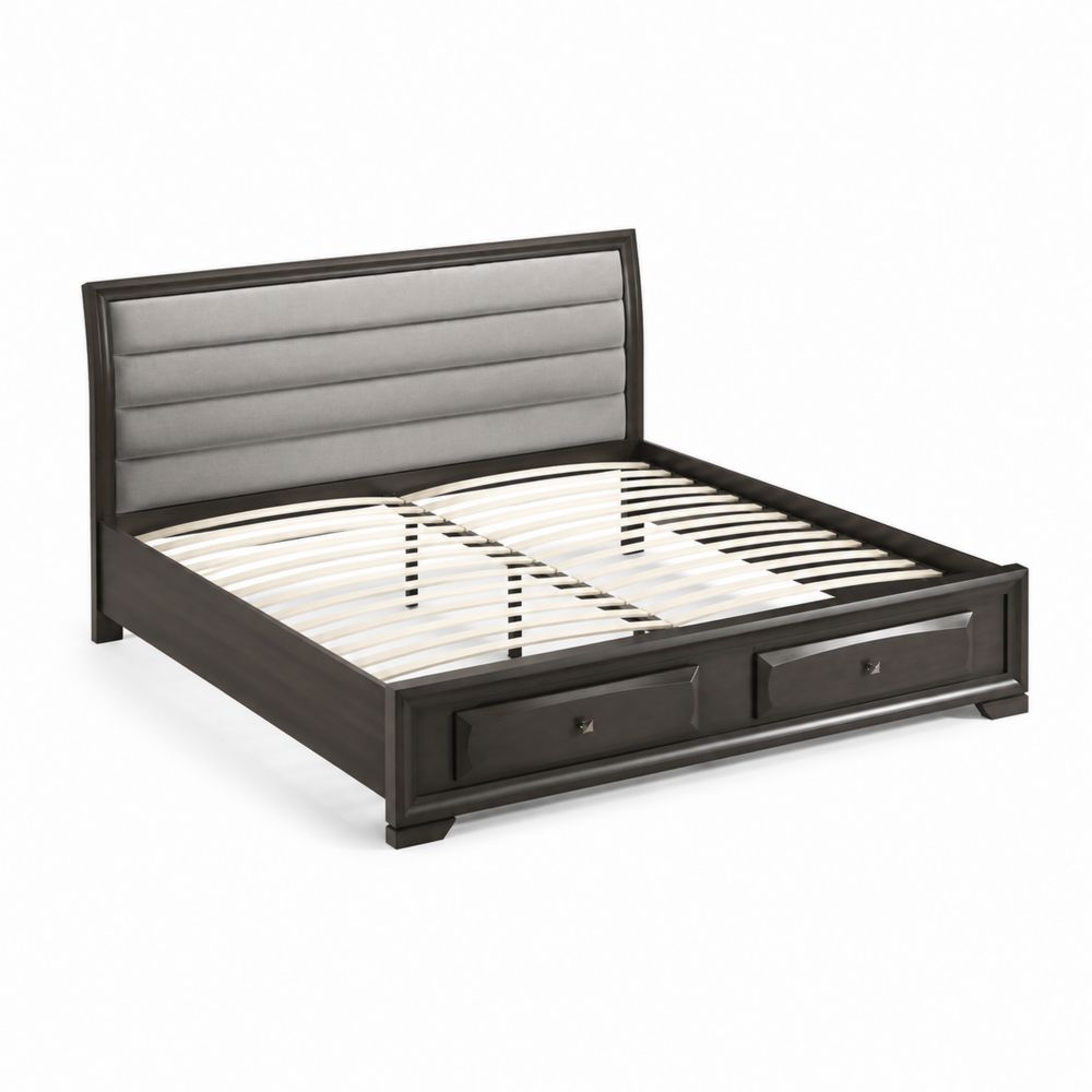 Letto in legno con testiera imbottita grigia e cassetti 200x160 cm
