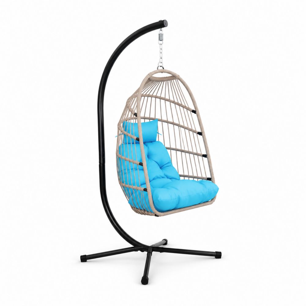 Sedia Sospesa in Rattan con Base in Acciaio e Cuscino Blu