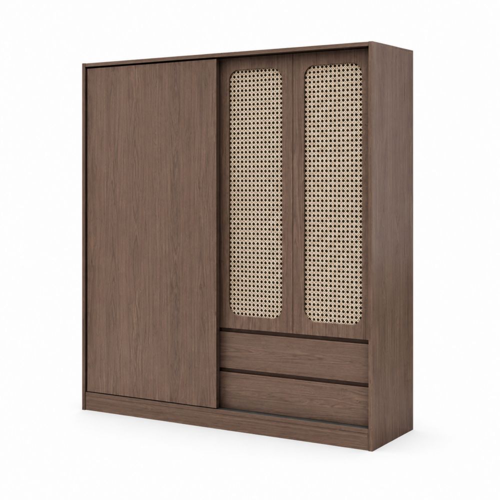 Armadio Scorrevole in Legno e Rattan con Pannelli Intrecciati