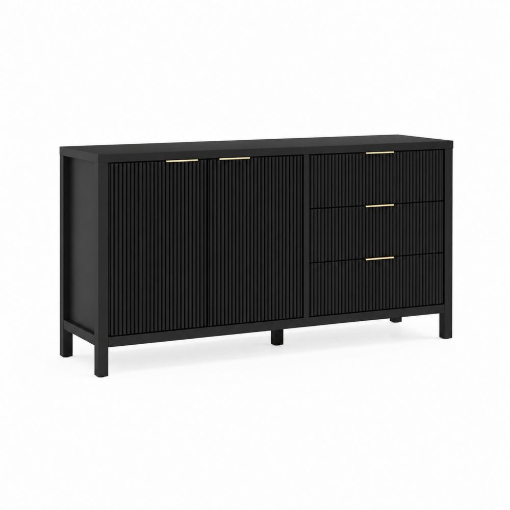 Credenza in legno nero con 2 ante e 3 cassetti, 150x45x80 cm