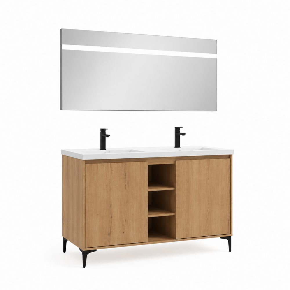 Mobile bagno doppio lavabo in legno di quercia con specchio