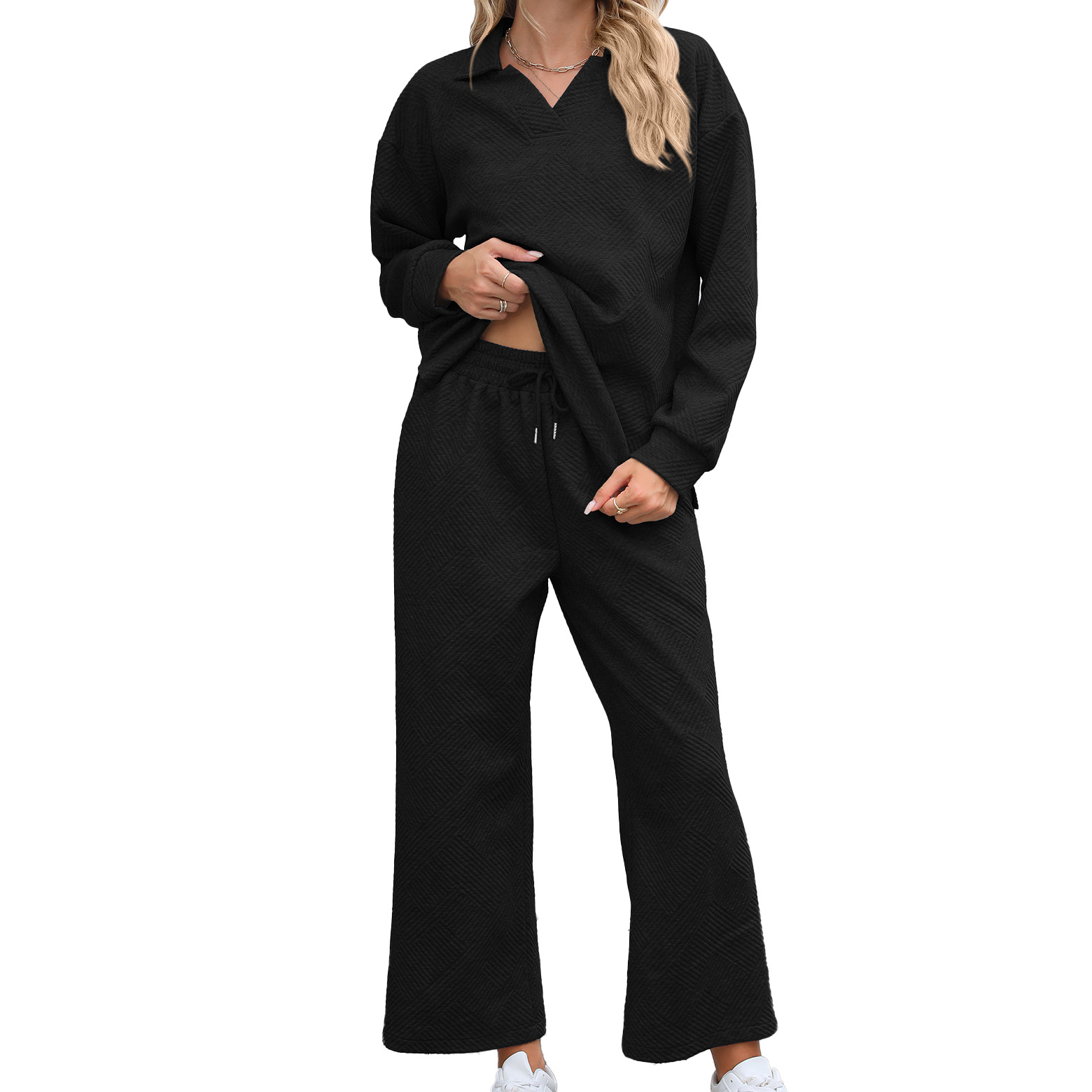 ✨Women 2 Piece Outfit Lapel V Neck Lounge Sets Pockets