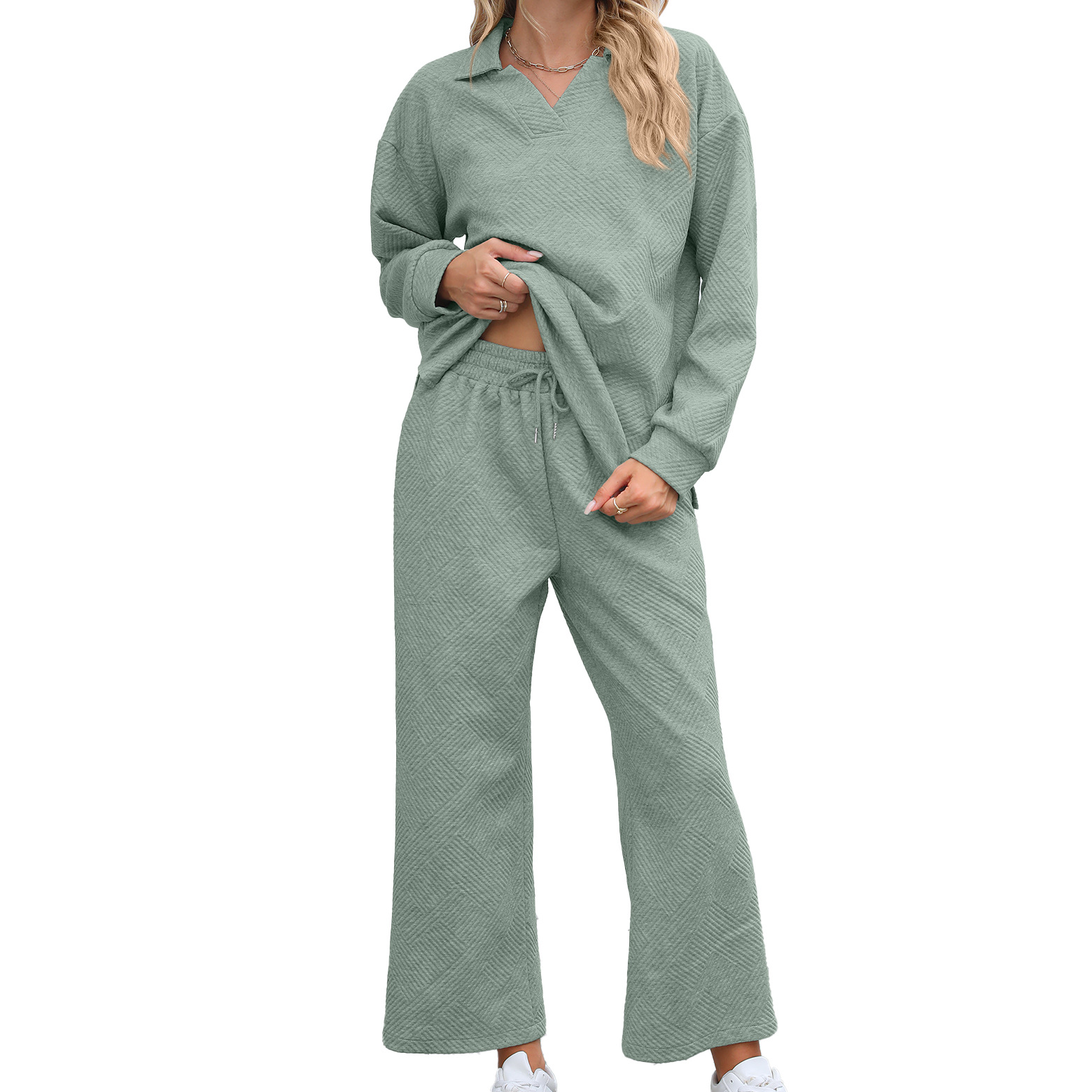 ✨Women 2 Piece Outfit Lapel V Neck Lounge Sets Pockets