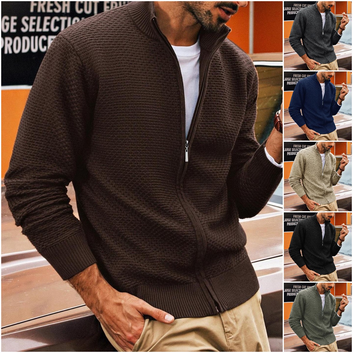 Men's Casual Zipper Cardigan Knit Sweater
