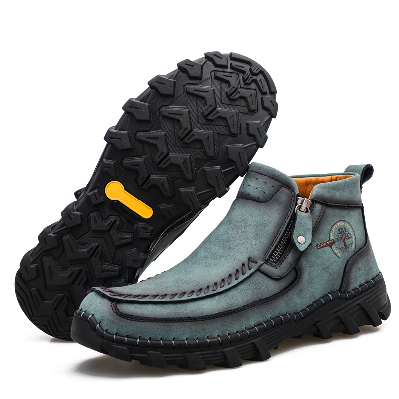 Men's Hand Stitching Leather Slip On Ankle Boots Side Zipper Casual Comfort Moccasin Chukka Boots Outdoor Walking Loafers for Working Driving Hiking