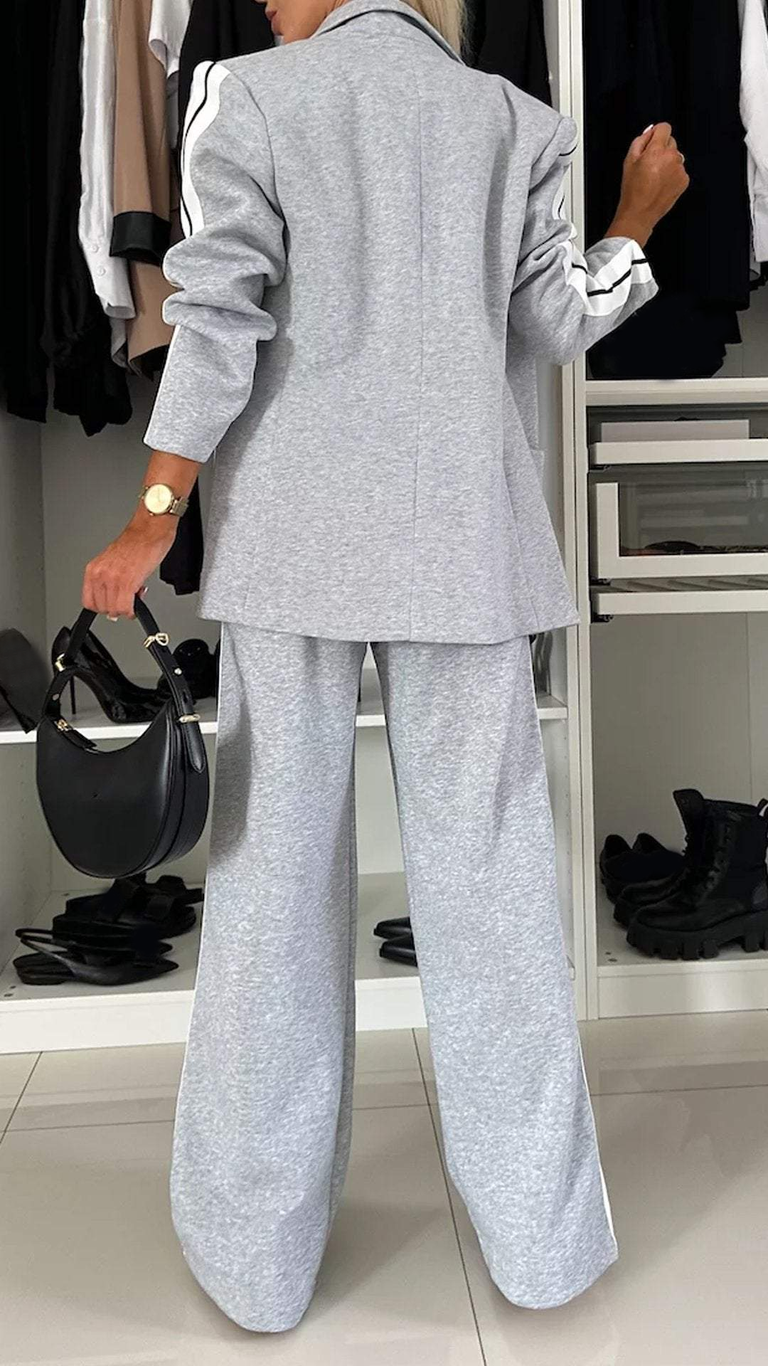 Bold Claim Sporty Patchwork Lapel Blazer and Elastic Waist Pocket Loose Pants Set