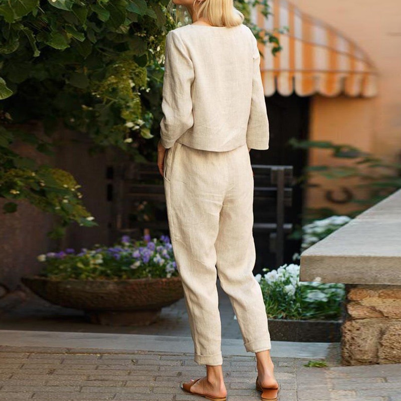 Round Neck Top and Drawstring Pants Two-piece Set