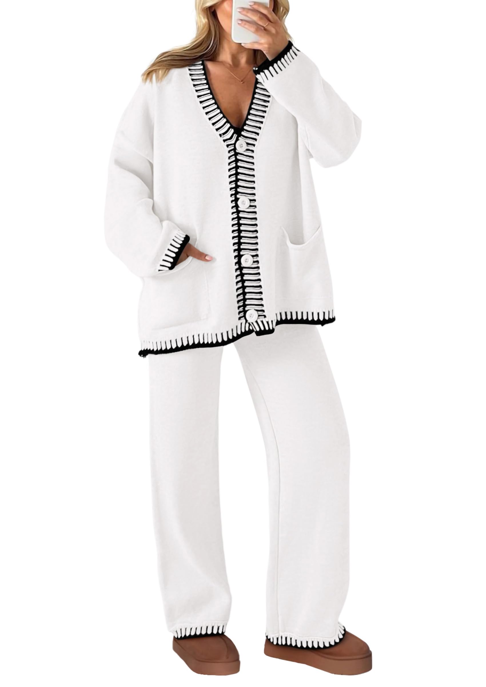 NEW🔥 2026 Women's Cotton Two-Piece Knit Leisure Suit Long Sleeved V Neck Cardigan Sweater Wide Legged Pants Sportswear