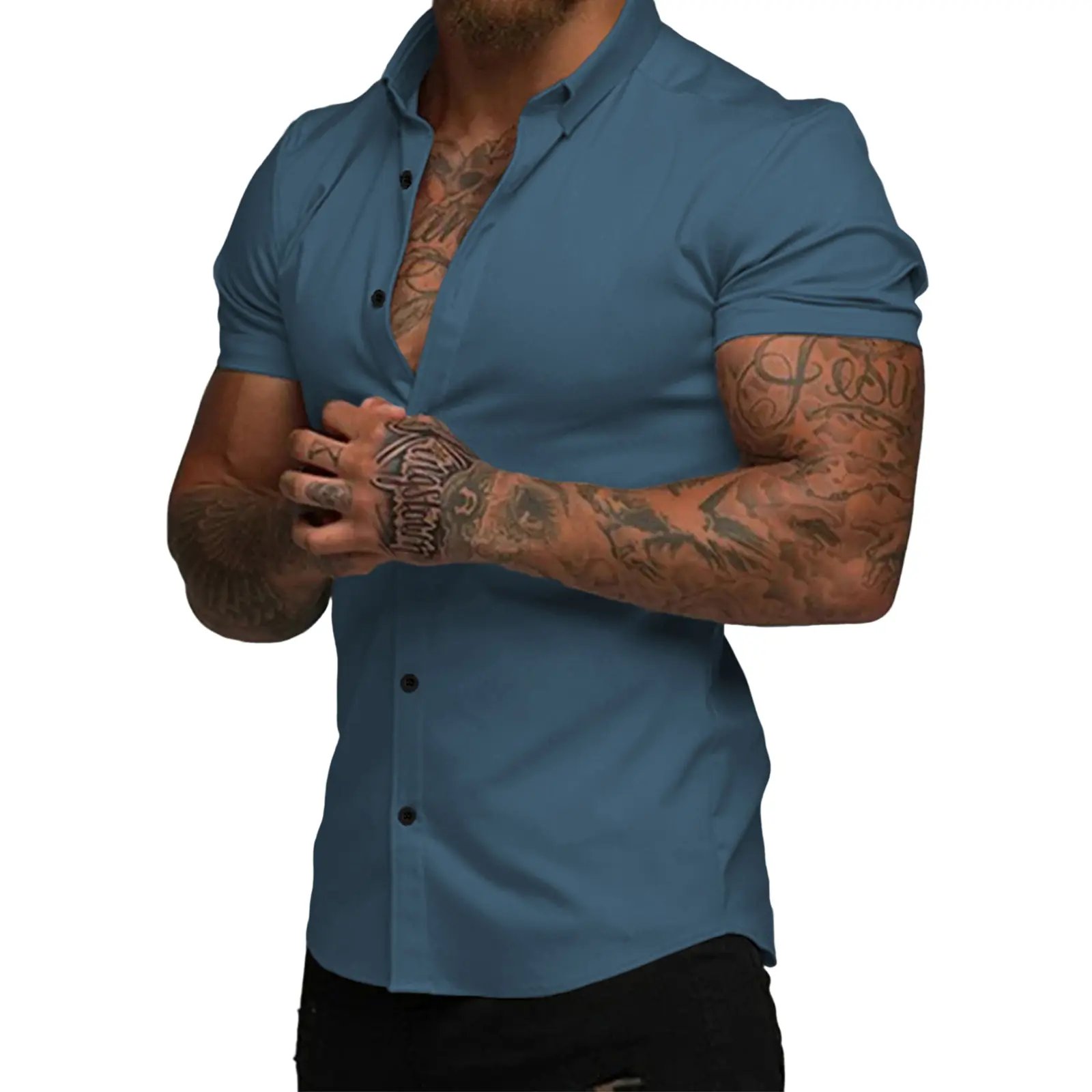 ⚡Hot Sales 49% OFF🔥Mens Muscle Fit Dress Shirts Casual Button Down Shirt Short Sleeve Wrinkle-Free Shirts