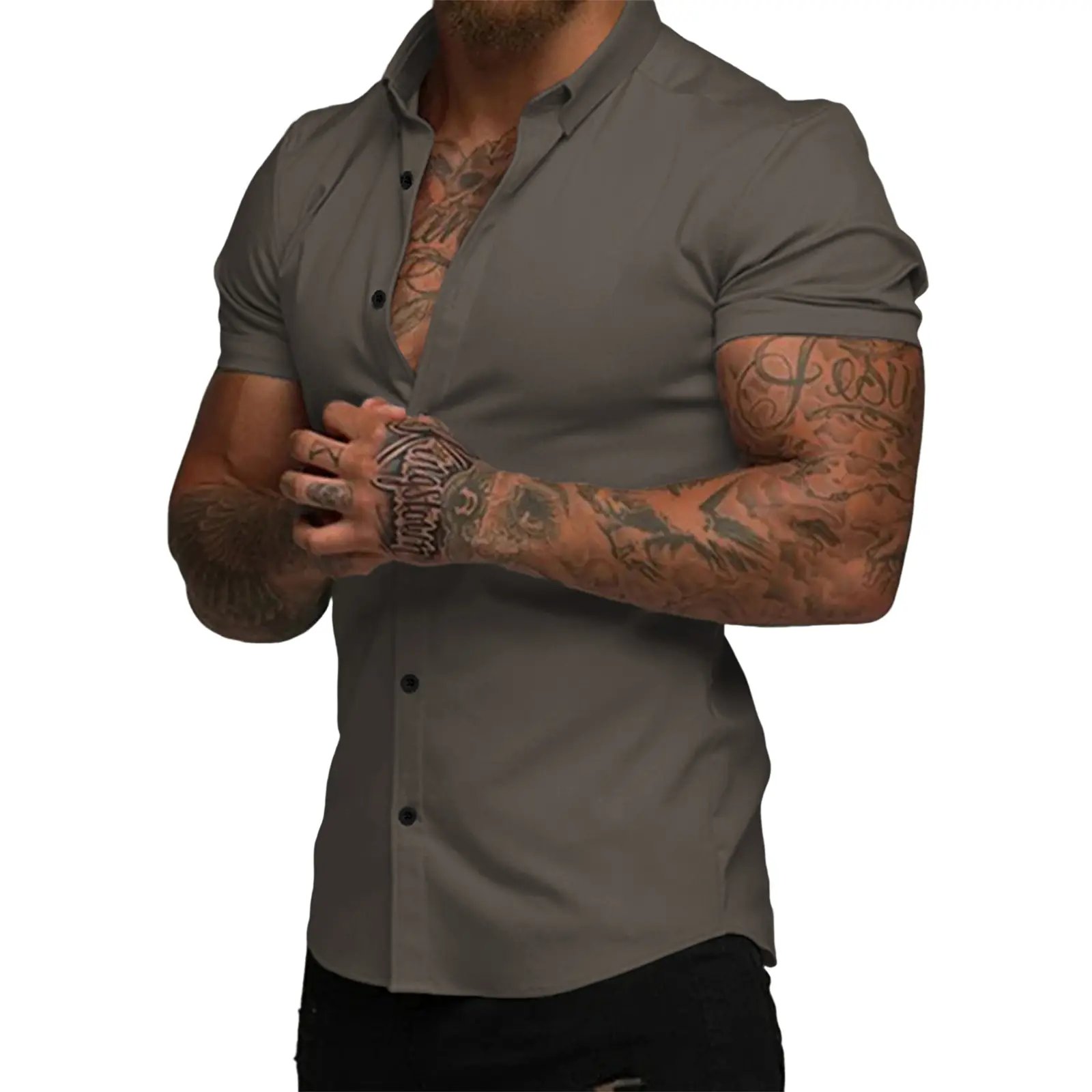 ⚡Hot Sales 49% OFF🔥Mens Muscle Fit Dress Shirts Casual Button Down Shirt Short Sleeve Wrinkle-Free Shirts
