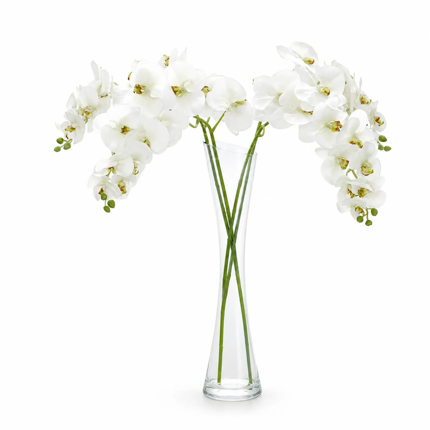 Biała sztuczna orchidea w wysokim szklanym wazonie, 80 cm
