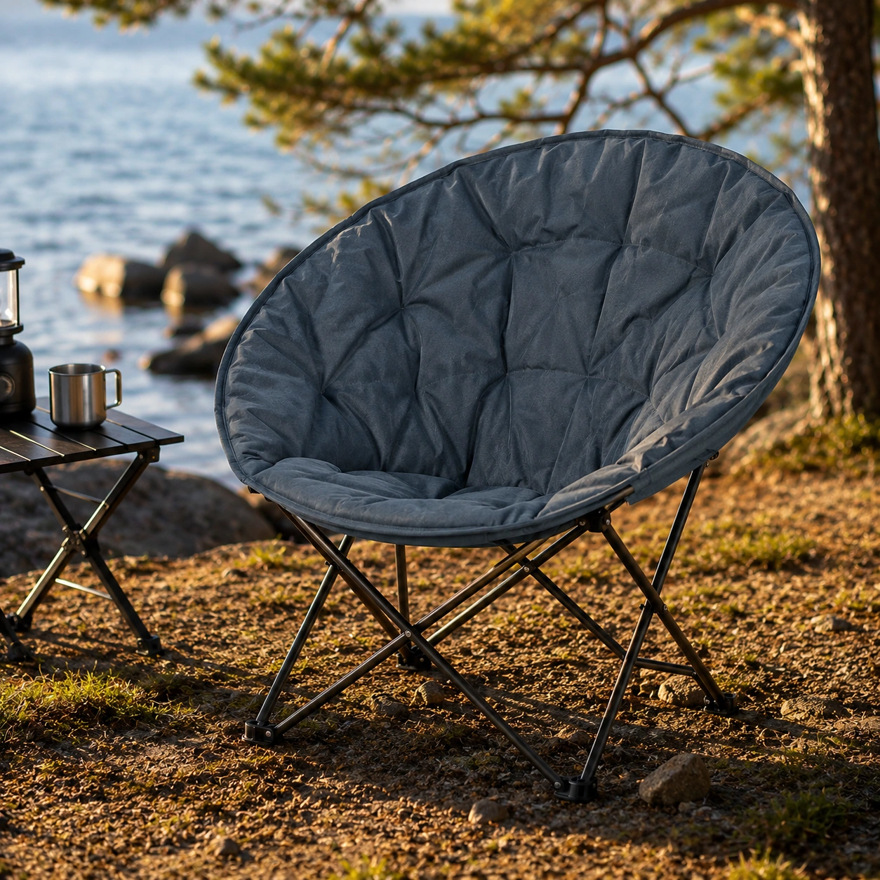 Silla Camping Redonda Acolchada Azul Gris