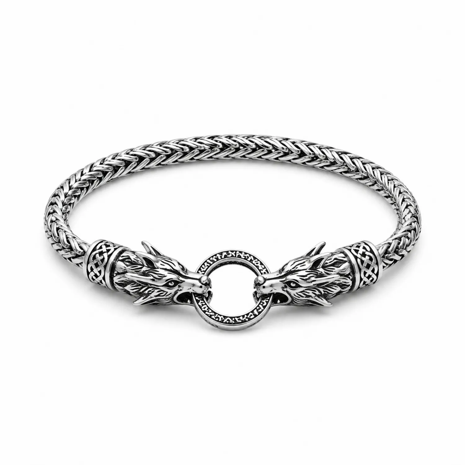 Silbernes Wikinger-Armband mit Wolfskopf und geflochtenem Design, 21 cm-Novtidorix