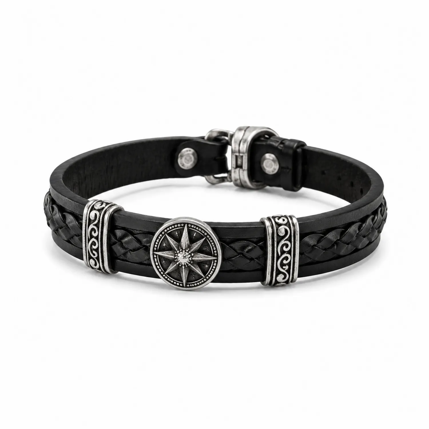 Geflochtenes Herrenarmband mit Kompass-Design in Schwarz und Silber-Novtidorix