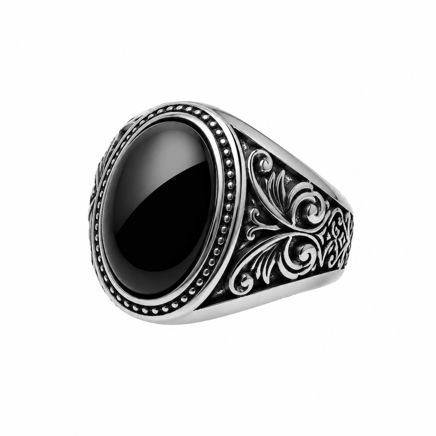 Herrenring Silber mit schwarzem Onyx und floralen Verzierungen-Novtidorix