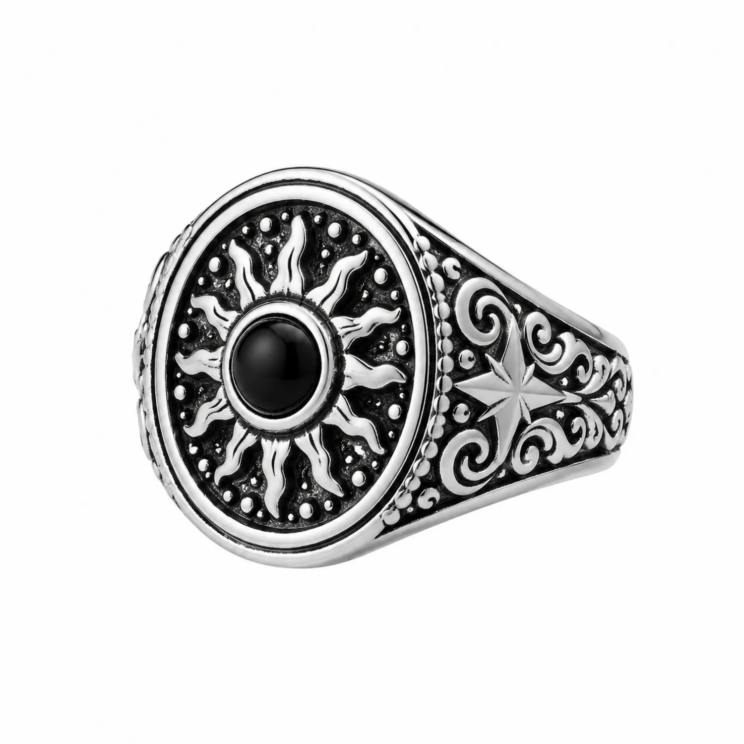 Vintage Herrenring mit Onyx im Sonnenmuster, Silber/Schwarz-Novtidorix