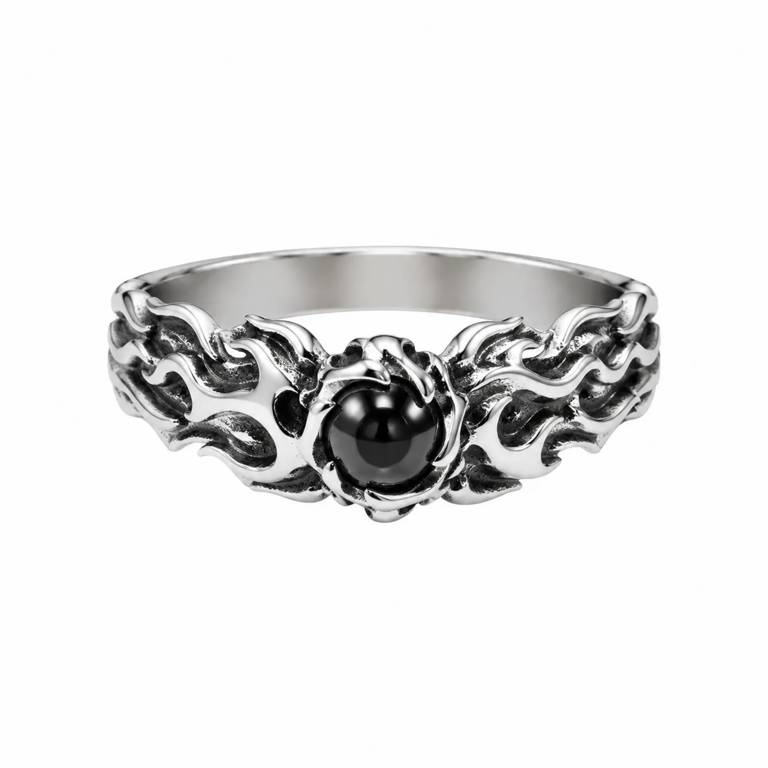 Edelstahlring mit schwarzem Stein und Flammenmotiv-Novtidorix