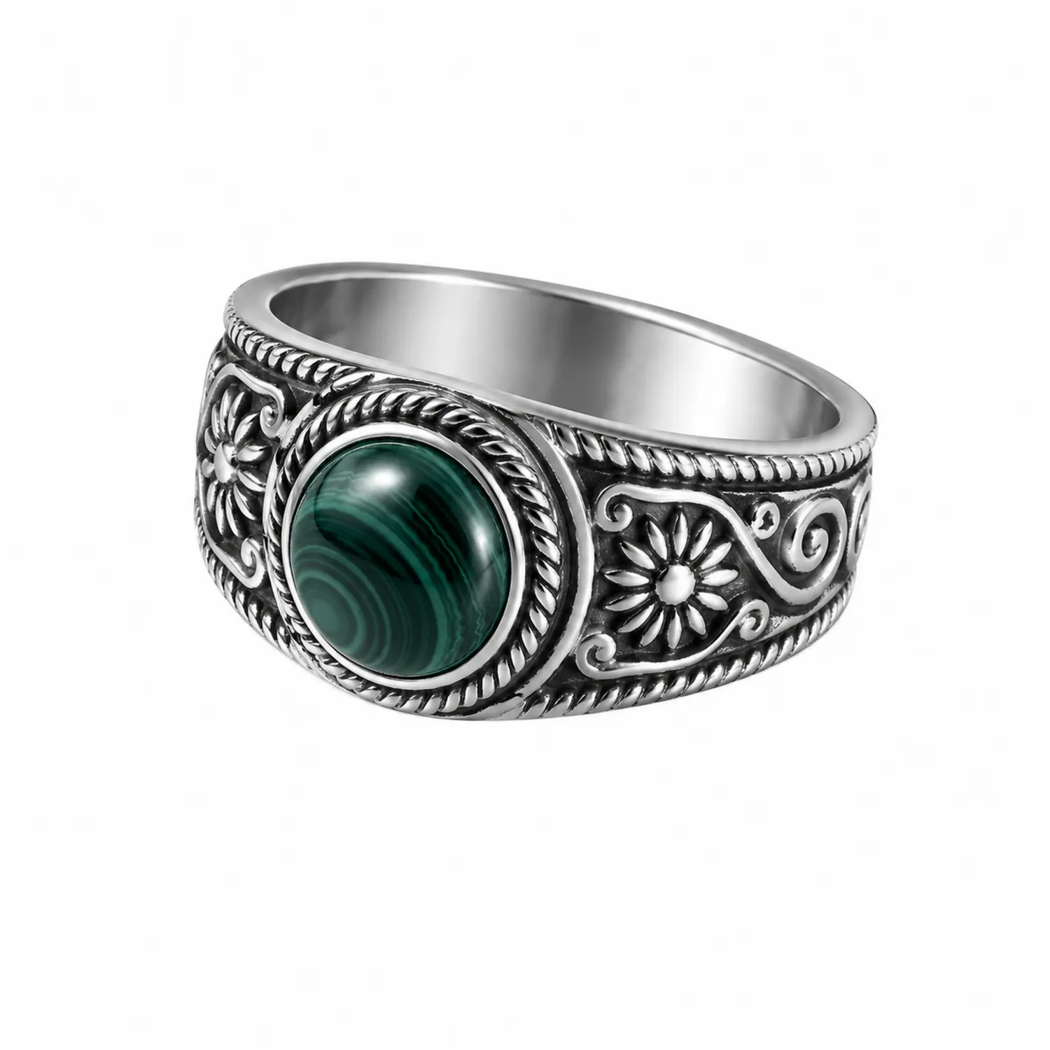 Herrenring mit Malachit und Blumenmuster in Silber-Novtidorix