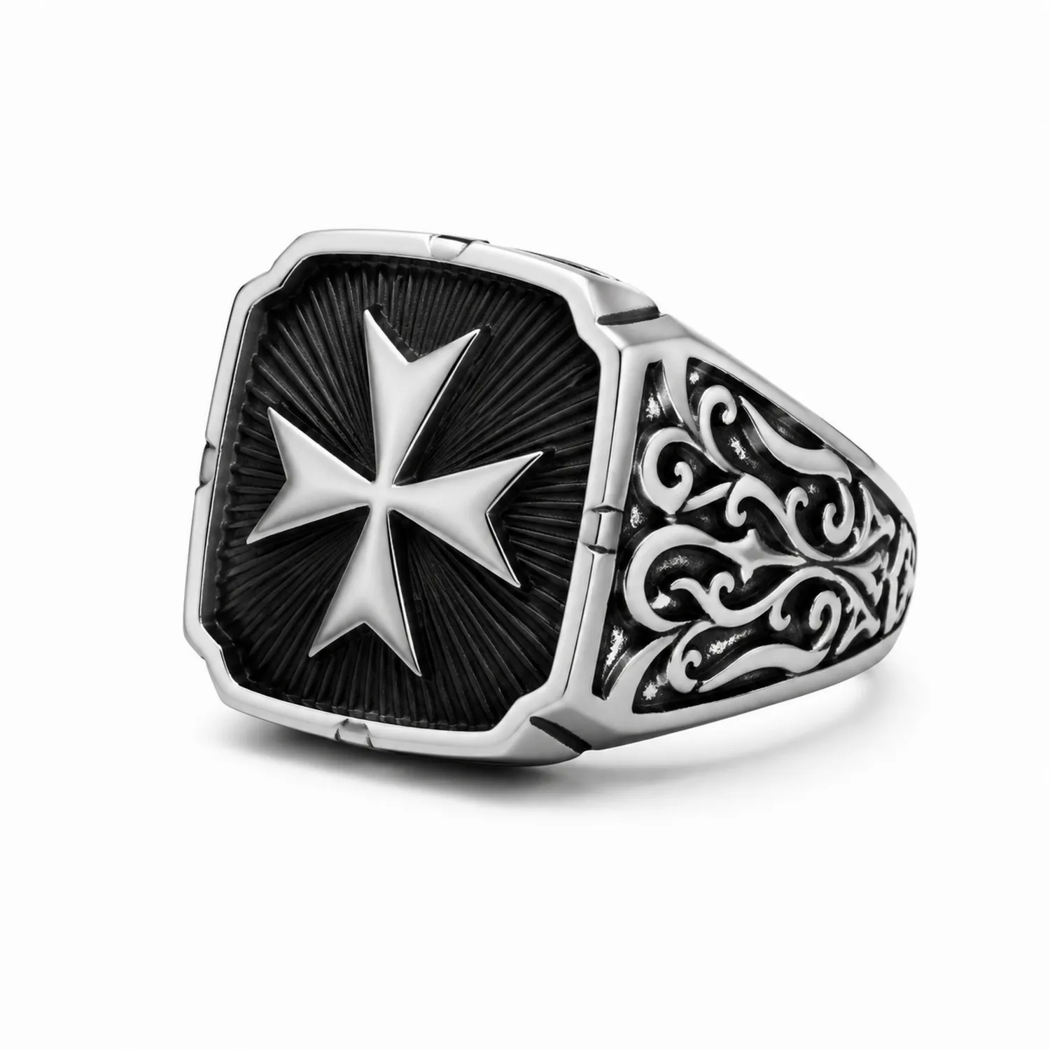 Herrenring mit Malteserkreuz Schwarz Silber-Novtidorix