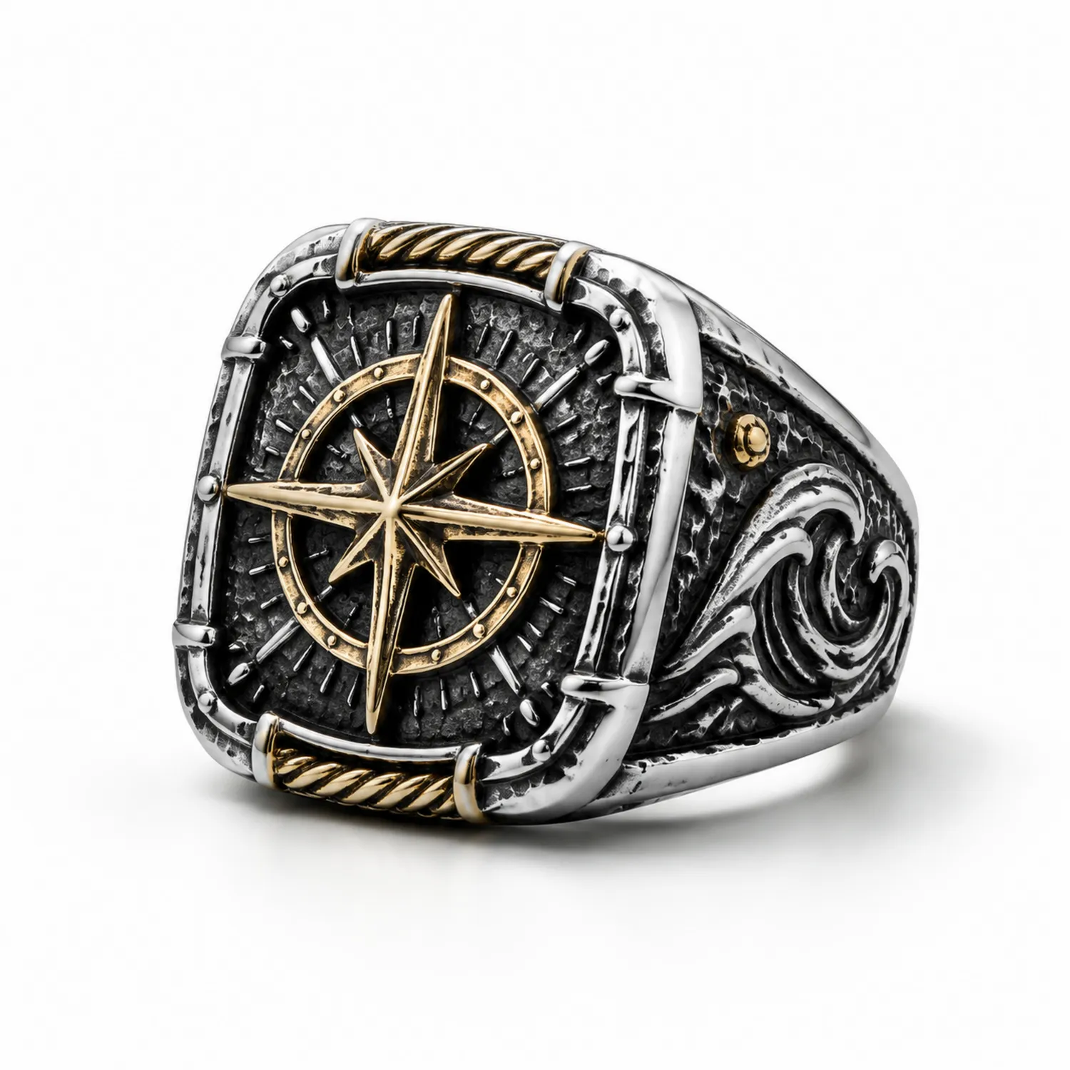 Herrenring im Vintage-Stil mit Nautischem Kompass in Silber/Gold-Novtidorix